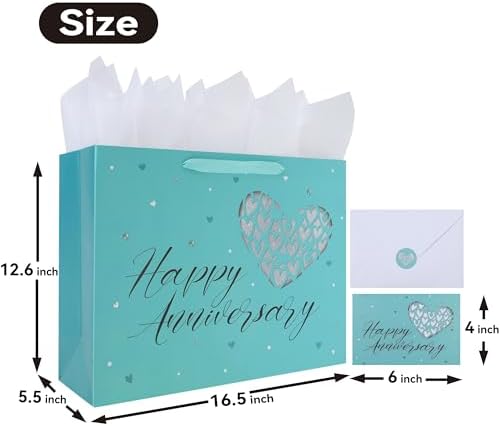 Set de Bolsa de Regalo Extra Grande de 16.5” con Asas, Tarjeta de Felicitación, Papel de Seda y Stickers para San Valentín, Aniversario, Parejas, - imagen 2