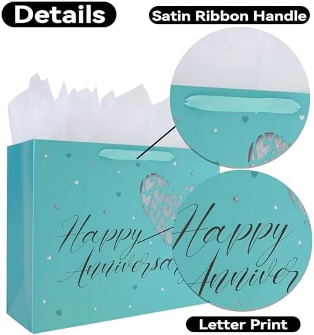 Set de Bolsa de Regalo Extra Grande de 16.5” con Asas, Tarjeta de Felicitación, Papel de Seda y Stickers para San Valentín, Aniversario, Parejas, - imagen 4