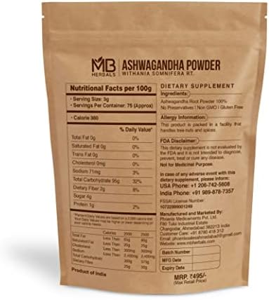 Polvo de Ashwagandha MB Herbals 8oz (0.5lb) | Probado en laboratorio | Ginseng indio | Polvo de raíz de Withania somnifera - imagen 2