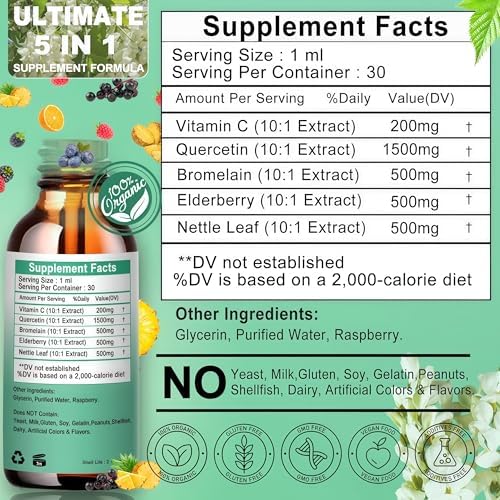 Gotas Líquidas de Quercetina con Bromelina, Saúco y Hoja de Ortiga, Suplemento de Vitamina C, Alta Absorción, Soporte Antioxidante Inmunológico, No - imagen 5