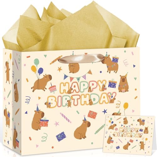 Bolsa de Regalo TagreSpike de Capibara, Papel de Regalo Bonito con Papel de Seda y Tarjeta de Felicitación, Decoraciones Amarillas para Cumpleaños de - imagen 1