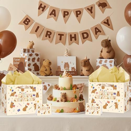 Bolsa de Regalo TagreSpike de Capibara, Papel de Regalo Bonito con Papel de Seda y Tarjeta de Felicitación, Decoraciones Amarillas para Cumpleaños de - imagen 6