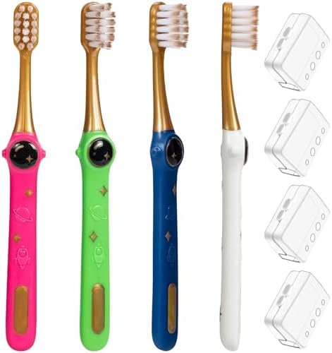 Cepillo de Dientes PRASBURR para Niños, Estilo Aventuras Galácticas, Suave, Edad 2-4 Años, Paquete de 4 con Protectores - imagen 1