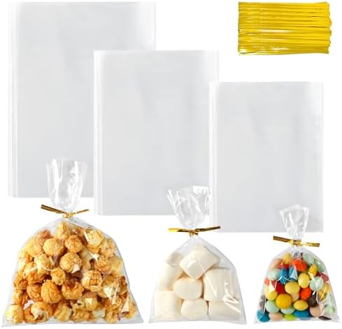 Bolsas de Celofán Augshy de 300 Pcs, 3 Tamaños Transparentes con 300 Cintas para Regalos, Bolsas de Dulces, Galletas y Fiestas - imagen 1
