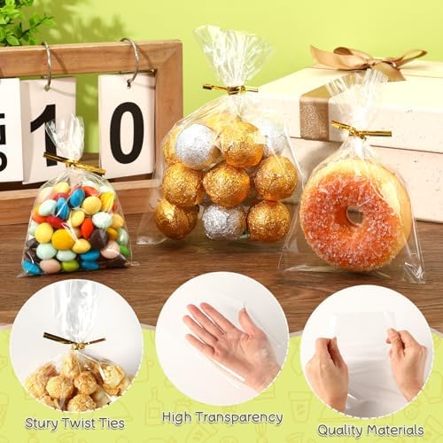 Bolsas de Celofán Augshy de 300 Pcs, 3 Tamaños Transparentes con 300 Cintas para Regalos, Bolsas de Dulces, Galletas y Fiestas - imagen 4