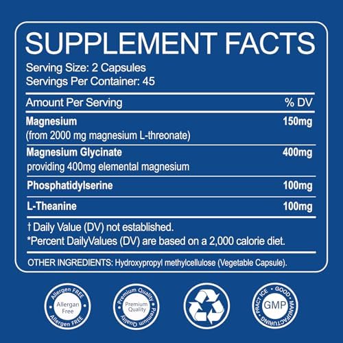 Magnesio L-Treonato 2,000mg y Magnesio Glicinato 400mg | 90 Cápsulas Vegetarianas | Salud Muscular, Mejora del Sueño y Salud Cognitiva | Alta - imagen 7
