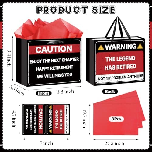 Bolsa de Regalo Divertida para Jubilación, Papel de Regalo Temático de Precaución con Papel de Seda y Tarjeta, Regalos Graciosos para Hombres y - imagen 2
