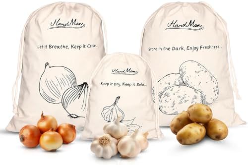 HanaMoon Paquete de 3 Bolsas de Almacenamiento de Algodón para Papas, Cebollas y Ajo – Bolsas Reutilizables con Cierre – Transpirables, Ecológicas y - imagen 1