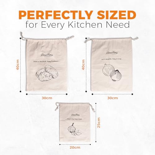 HanaMoon Paquete de 3 Bolsas de Almacenamiento de Algodón para Papas, Cebollas y Ajo – Bolsas Reutilizables con Cierre – Transpirables, Ecológicas y - imagen 3