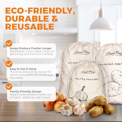 HanaMoon Paquete de 3 Bolsas de Almacenamiento de Algodón para Papas, Cebollas y Ajo – Bolsas Reutilizables con Cierre – Transpirables, Ecológicas y - imagen 4