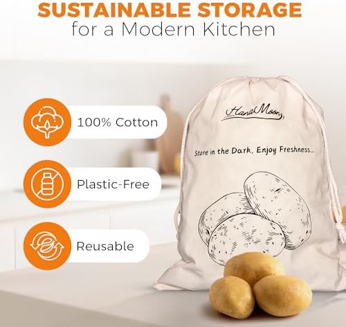 HanaMoon Paquete de 3 Bolsas de Almacenamiento de Algodón para Papas, Cebollas y Ajo – Bolsas Reutilizables con Cierre – Transpirables, Ecológicas y - imagen 5