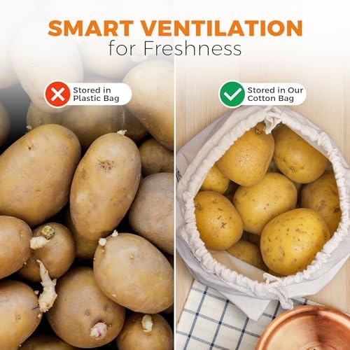 HanaMoon Paquete de 3 Bolsas de Almacenamiento de Algodón para Papas, Cebollas y Ajo – Bolsas Reutilizables con Cierre – Transpirables, Ecológicas y - imagen 6