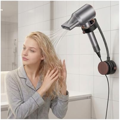 Soporte de Secadora de Pelo CTESNE【Rotación 360° y Sin Instalación】Montaje en Pared, Altura Ajustable, Ventosa, Sin Daños, con Almacenamiento de - imagen 1