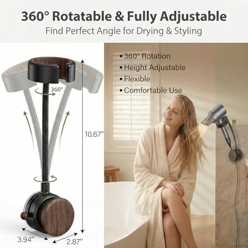 Soporte de Secadora de Pelo CTESNE【Rotación 360° y Sin Instalación】Montaje en Pared, Altura Ajustable, Ventosa, Sin Daños, con Almacenamiento de - imagen 2