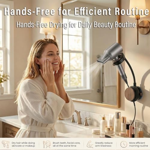 Soporte de Secadora de Pelo CTESNE【Rotación 360° y Sin Instalación】Montaje en Pared, Altura Ajustable, Ventosa, Sin Daños, con Almacenamiento de - imagen 5