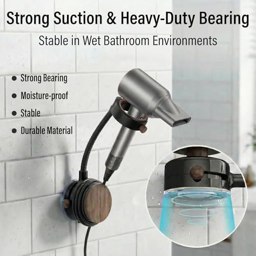 Soporte de Secadora de Pelo CTESNE【Rotación 360° y Sin Instalación】Montaje en Pared, Altura Ajustable, Ventosa, Sin Daños, con Almacenamiento de - imagen 6