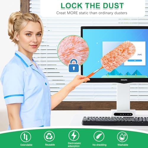 Paquete de 2 Plumero Extensible de Microfibra, Cabezal Electrostático, Varilla de Extensión de hasta 30 Pulgadas, Plumero para Auto, Plumero - imagen 4