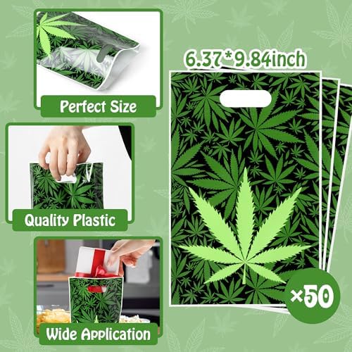 Bolsas de Fiesta Selorin de 50 Piezas con Hojas de Marihuana Verdes, Bolsas de Regalo para Adultos Fumadores, Suministros para Cumpleaños 420 - imagen 2