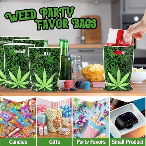 Bolsas de Fiesta Selorin de 50 Piezas con Hojas de Marihuana Verdes, Bolsas de Regalo para Adultos Fumadores, Suministros para Cumpleaños 420 - imagen 4