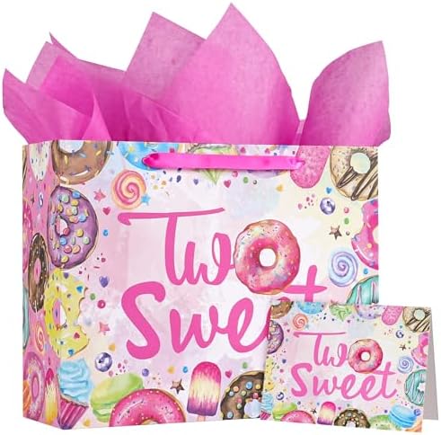 Bolsas de Regalo WRAPAHOLIC de 13 para Cumpleaños de 2 Años - Diseño de Donas Rosadas con Papel de Seda y Tarjeta, Suministros para Niñas y Baby - imagen 1