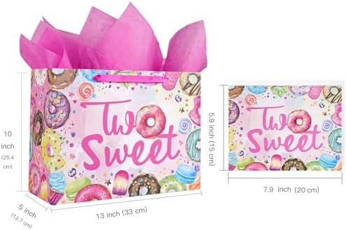 Bolsas de Regalo WRAPAHOLIC de 13 para Cumpleaños de 2 Años - Diseño de Donas Rosadas con Papel de Seda y Tarjeta, Suministros para Niñas y Baby - imagen 2