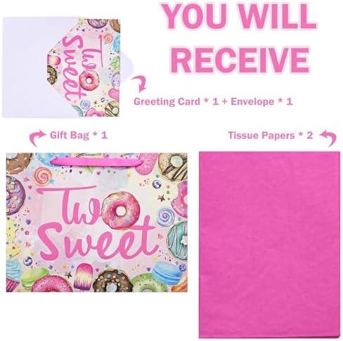 Bolsas de Regalo WRAPAHOLIC de 13 para Cumpleaños de 2 Años - Diseño de Donas Rosadas con Papel de Seda y Tarjeta, Suministros para Niñas y Baby - imagen 3