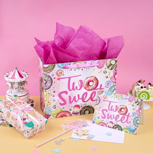 Bolsas de Regalo WRAPAHOLIC de 13 para Cumpleaños de 2 Años - Diseño de Donas Rosadas con Papel de Seda y Tarjeta, Suministros para Niñas y Baby - imagen 4