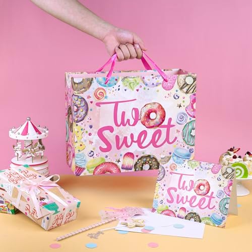 Bolsas de Regalo WRAPAHOLIC de 13 para Cumpleaños de 2 Años - Diseño de Donas Rosadas con Papel de Seda y Tarjeta, Suministros para Niñas y Baby - imagen 5