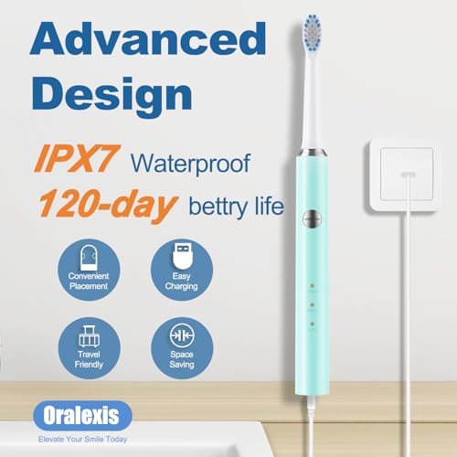 Cepillo de Dientes Eléctrico ORALEXIS para Adultos y Niños, con Raspador de Lengua y 8 Cabezas, Carga Rápida de 120 Días, 40000 VPM, Viaje - Azul - imagen 5