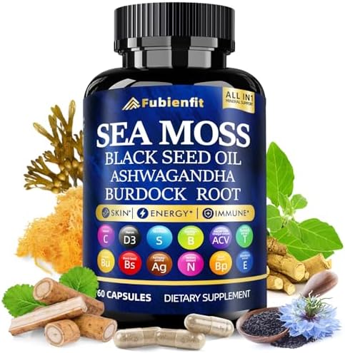 Cápsulas de Musgo Marino Orgánico Fubienfit - Con Aceite de Semilla Negra, Ashwagandha, Raíz de Bardana, Jengibre y Vitaminas Esenciales - - imagen 1