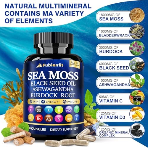 Cápsulas de Musgo Marino Orgánico Fubienfit - Con Aceite de Semilla Negra, Ashwagandha, Raíz de Bardana, Jengibre y Vitaminas Esenciales - - imagen 3