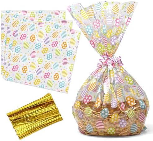 Paquete de 10 Bolsas de Celofán Grandes para Pascua, 24 x 30 Pulgadas, con Impresión de Huevos Coloridos y Cierres, Envoltura Plástica Jumbo para - imagen 1