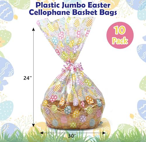 Paquete de 10 Bolsas de Celofán Grandes para Pascua, 24 x 30 Pulgadas, con Impresión de Huevos Coloridos y Cierres, Envoltura Plástica Jumbo para - imagen 2
