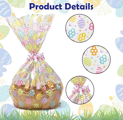 Paquete de 10 Bolsas de Celofán Grandes para Pascua, 24 x 30 Pulgadas, con Impresión de Huevos Coloridos y Cierres, Envoltura Plástica Jumbo para - imagen 3