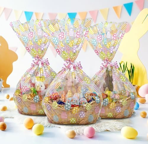 Paquete de 10 Bolsas de Celofán Grandes para Pascua, 24 x 30 Pulgadas, con Impresión de Huevos Coloridos y Cierres, Envoltura Plástica Jumbo para - imagen 7