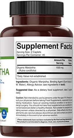 Brieofood Manjistha Orgánico 1500mg, 45 Porciones, Vegetariano, Sin Gluten, 90 Tabletas Vegetarianas - imagen 4
