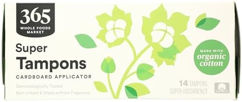 Tampones 365 de Whole Foods Market con aplicadores de cartón, súper absorbentes, hechos con algodón orgánico, sin fragancia, 14 piezas - imagen 1