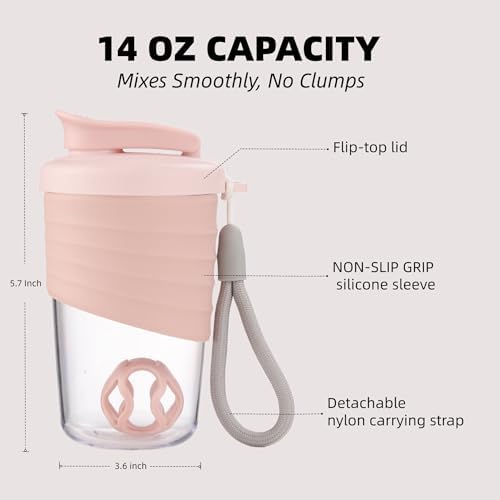 Botella Mezcladora de Proteína kuoleopa, Rosa, 14 oz, a Prueba de Fugas, con Agarre de Silicón Antideslizante, Bola Mezcladora y Correa de Nylon - imagen 4