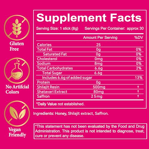 Palitos de Miel de Shilajit Puro Himalayo 500MG con Azafrán, 30 Palitos para Mujeres con 75%+ Ácido Fulvico y 85+ Minerales Traza para Energía, - imagen 2