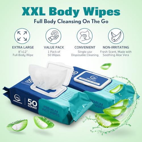 Toallitas Húmedas para Adultos - Toallitas XL 8 x 12 (50 piezas) | Toallitas de Baño Sin Enjuague - Paños Desechables con Aloe Vera y Vitamina E - - imagen 2