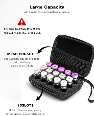 Organizador de Almacenamiento para Insulina, Funda Dura para Refrigerador, Soporte para Viales de 10ml U-100, Negro (15 Compartimentos) - imagen 4