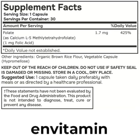 Suplemento de 5-MTHF - Methylfolato (B9 Activo) - 30 Cápsulas - 5-MTHF 1mg - Envitamin - imagen 2