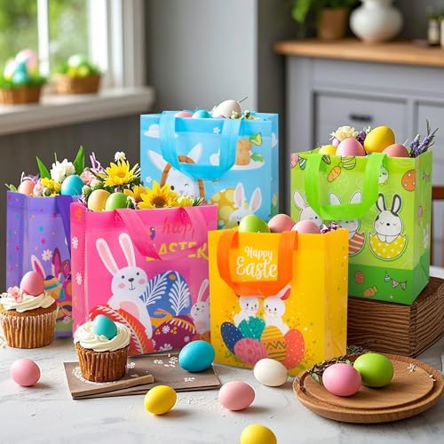 Bolsas de Caza de Huevos de Pascua GOMANCHE con Asa, 6 Pzs de Tote Reutilizables para Niños, Regalos de Intercambio para Fiestas de Primavera - imagen 4
