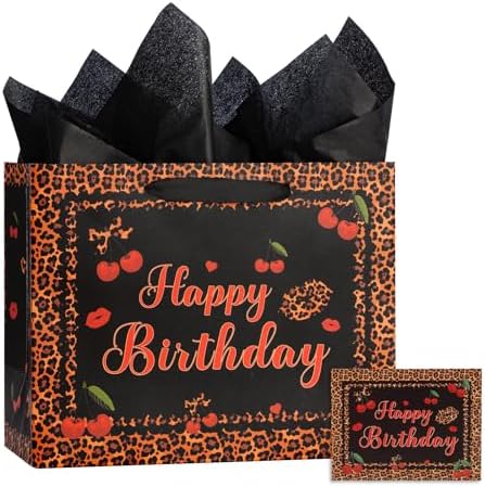 Bolsa de Regalo de Cumpleaños Cheetah Negra y Roja con Papel de Seda y Tarjeta de Felicitación para Niñas y Mujeres - Suministros para Fiesta Cheetah - imagen 1