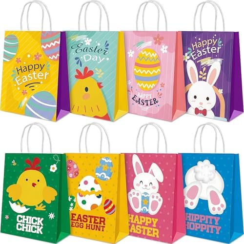 Bolsas de Regalo de Pascua Howzcci - Paquete de 12, 6.3 x 3.3 x 8.2 pulgadas, Decoraciones Coloridas de Huevo, Conejito y Pollito para Favoritos de - imagen 1