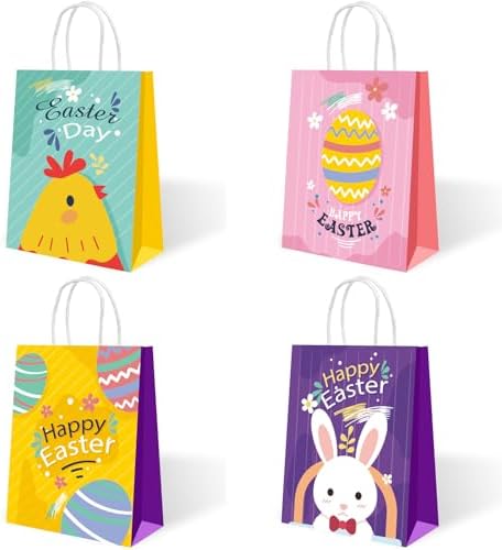 Bolsas de Regalo de Pascua Howzcci - Paquete de 12, 6.3 x 3.3 x 8.2 pulgadas, Decoraciones Coloridas de Huevo, Conejito y Pollito para Favoritos de - imagen 3