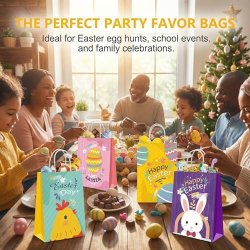 Bolsas de Regalo de Pascua Howzcci - Paquete de 12, 6.3 x 3.3 x 8.2 pulgadas, Decoraciones Coloridas de Huevo, Conejito y Pollito para Favoritos de - imagen 5