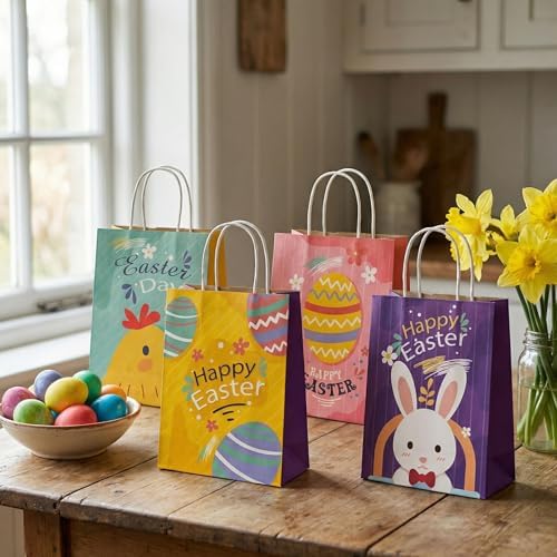 Bolsas de Regalo de Pascua Howzcci - Paquete de 12, 6.3 x 3.3 x 8.2 pulgadas, Decoraciones Coloridas de Huevo, Conejito y Pollito para Favoritos de - imagen 6