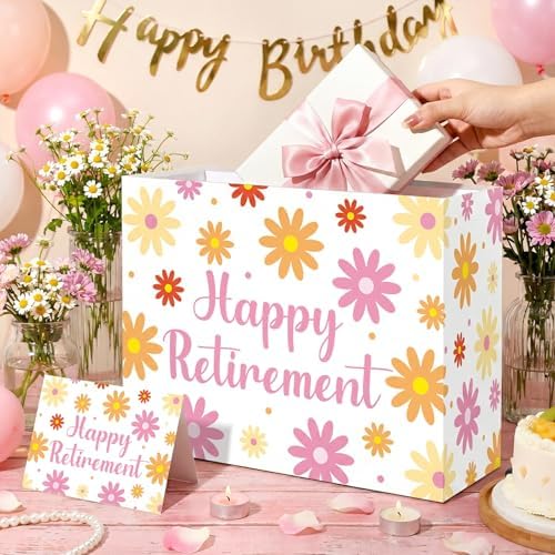 Bolsa de Regalo de Jubilación MOORIIY para Mujeres, Papel de Regalo Boho con Margaritas y Tarjeta, Suministros para Fiesta de Despedida y Decoraciones - imagen 2