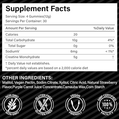 Gomitas de Creatina Monohidratada para Hombres y Mujeres, 5g para Fuerza Muscular, Aumento de Energía, Sabor Natural a Fresa, Sin Azúcar (120 piezas) - imagen 3